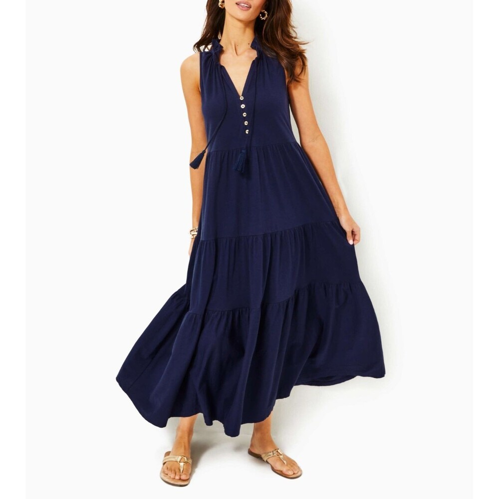 Lilly Pulitzer Malone Ruffle Swing Maxi Dress Sleeveless Solid Cotton XL 288093